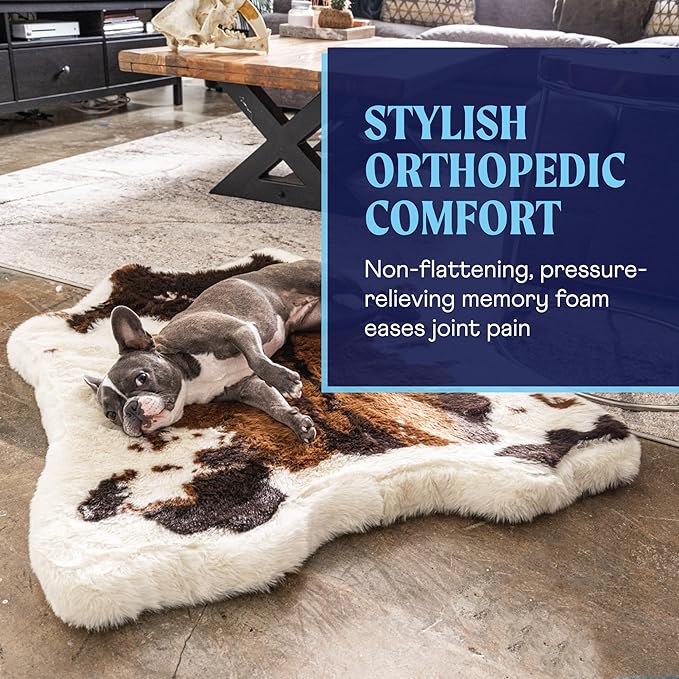 PupRug Orthopedic Dog Bed for Large Dogs with Fluffy Soft Faux Fur and Memory Foam for Joint Pain Relief, Machine Washable and Waterproof Couch Bed, Brown Cowhide, Medium