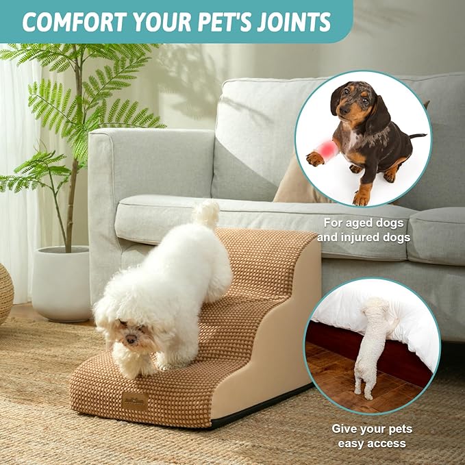 Dog Stairs for Small Dogs, Curved Pet Step with Leakproof Cover, High Density Foam Cat Ramp for Bed or Sofa, Lightweight, Durable, Comfort, 15.7x22.4x15.7 inch, 3 Tiers, Light Brown