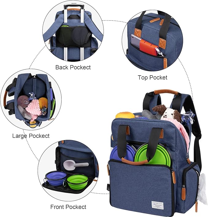 Modoker Dog Travel Bag, Airline Approved Backpack for Pet Accessories Organizer, Tote Weekend Bag with 2 Dog Food Storage Containers, 2 Collapsible Dog Bowls, 1 Pet Mat, Blue