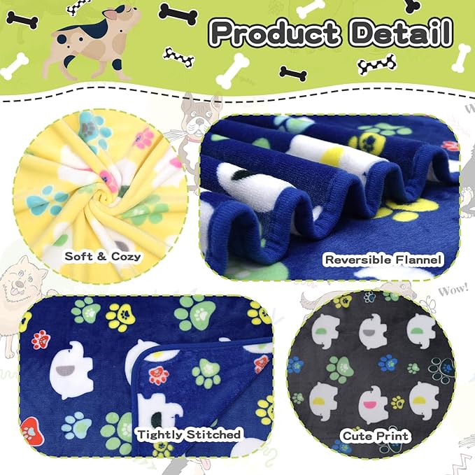 Rezutan Dog Blankets for Small Dogs,1 Pack 3 Premium Soft Dog Puppy Blankets, with Flannel Cute Elephant Dog Paw, Small Cat Kitten Blankets, Grey/Blue/Yellow, 24x20 inch.