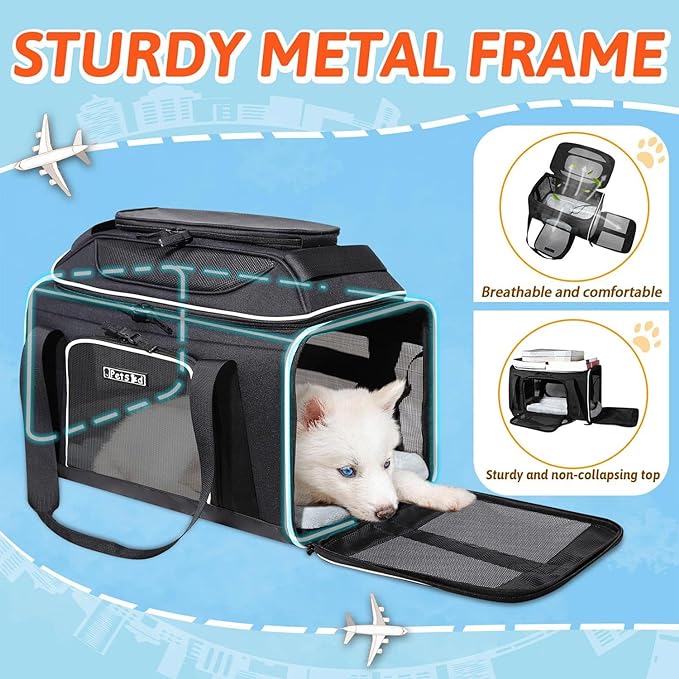 Petskd Top-Expandable Pet Carrier 17x12x8.5 Inches JetBlue Frontier Spirit Airline Approved, Soft-Sided Carrier for Small Cats and Dogs with Locking Safety Zippers and Anti-Scratch Mesh(Black)