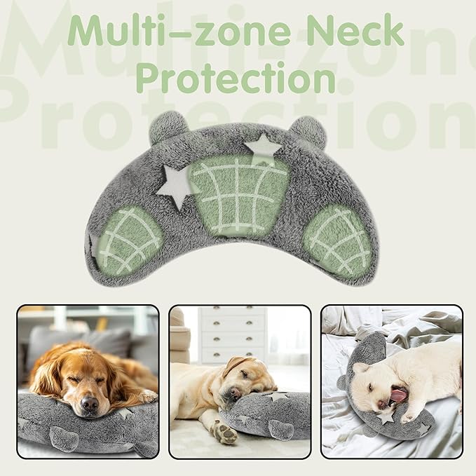 Dog Calming Pillow Glow in The Dark, Soft U-Shaped Pet Pillows for Dogs & Cats, Machine Washable, Dog Neck Pillow, Joint Relief, Better Sleep (Medium, Gray)
