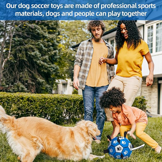 QDAN Dog Ropes Toys Soccer Ball with Straps, Interactive Dog Toys for Tug of War, Puppy Birthday Gifts, Dog Tug Toy, Dog Water Toy, Durable Dog Balls for Medium & Large Dogs-Blue&Grey(8 Inch)