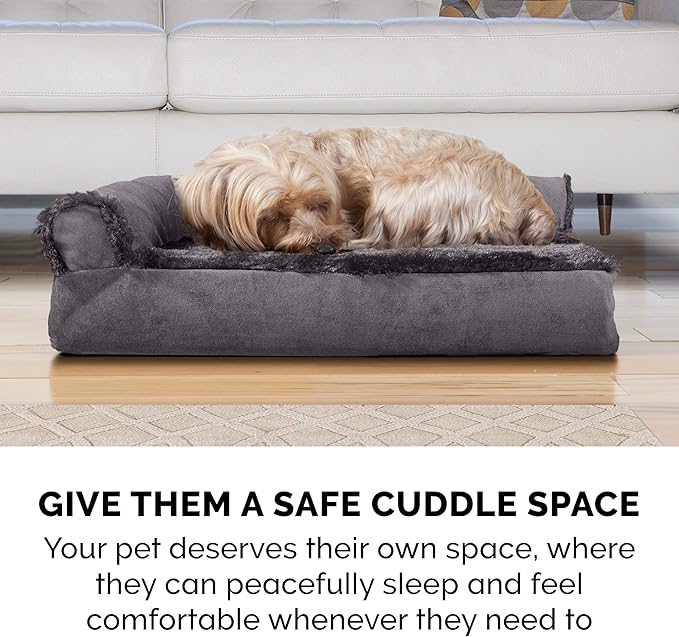 Furhaven Memory Foam Dog Bed for Large Dogs w/ Removable Bolsters & Washable Cover, For Dogs Up to 125 lbs - Plush & Velvet L Shaped Chaise - Platinum Gray, Jumbo Plus/XXL