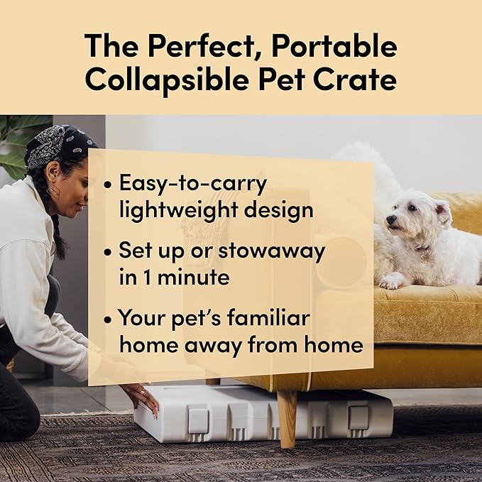 KindTail PAWD Collapsible Puppy and Dog Crate + Washable Bed - Stylish Pet Kennel with Comfortable Pad - Safe Indoor Set - Lightweight, Compact & Portable for Travel - Medium White