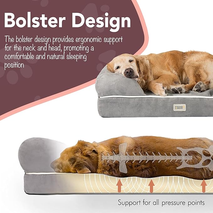 Friends Forever XX-Large Dog Bed, Orthopedic Dog Sofa Memory Foam Mattress, Calming Dog Couch Bed, Wall Rim Pillow, Water Resistant Liner, Washable Cover, Non-Slip Bottom, Chester, XX-Large Grey