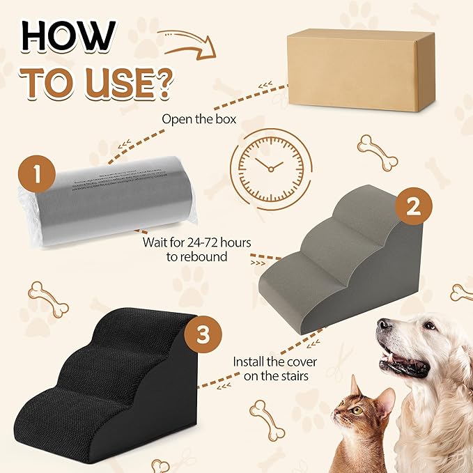 Romrol Dog Stairs Ramp for Beds Couches, Extra Wide Pet Steps with Durable Non-Slip Waterproof Fabric Cover, Pets Slope Stairs, 3-Tiers,Black