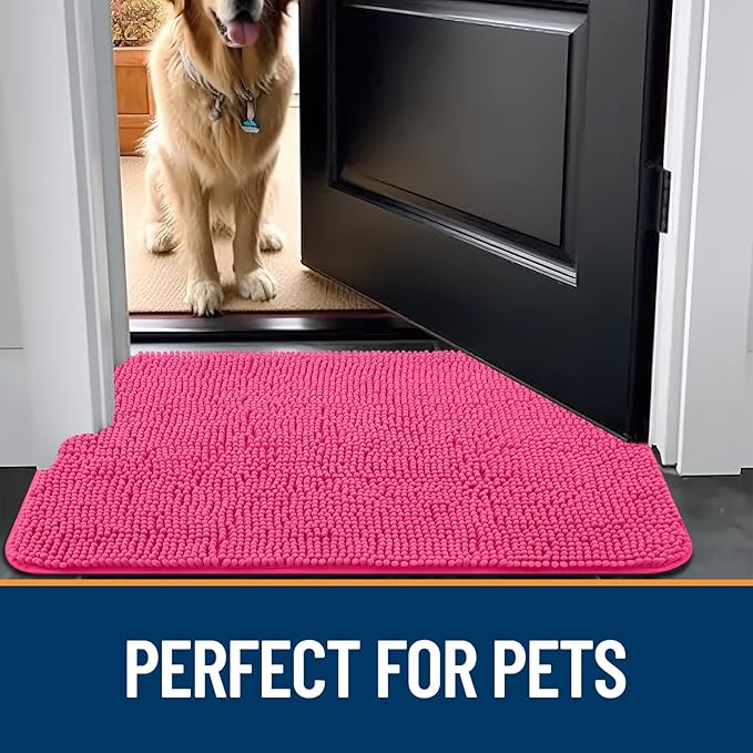OLANLY Dog Door Mat for Muddy Paws 24x16, Absorbs Moisture and Dirt, Absorbent Non-Slip Washable Mat, Quick Dry Chenille, Mud Mat for Dogs, Entry Indoor Door Mat for Inside Floor, Hot Pink