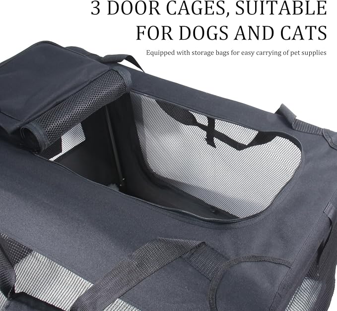 STARBRILLIANT 3-Door Portable Soft-Sided Folding Soft Dog Travel Crate Kennel,Black (32″x23″x23″)