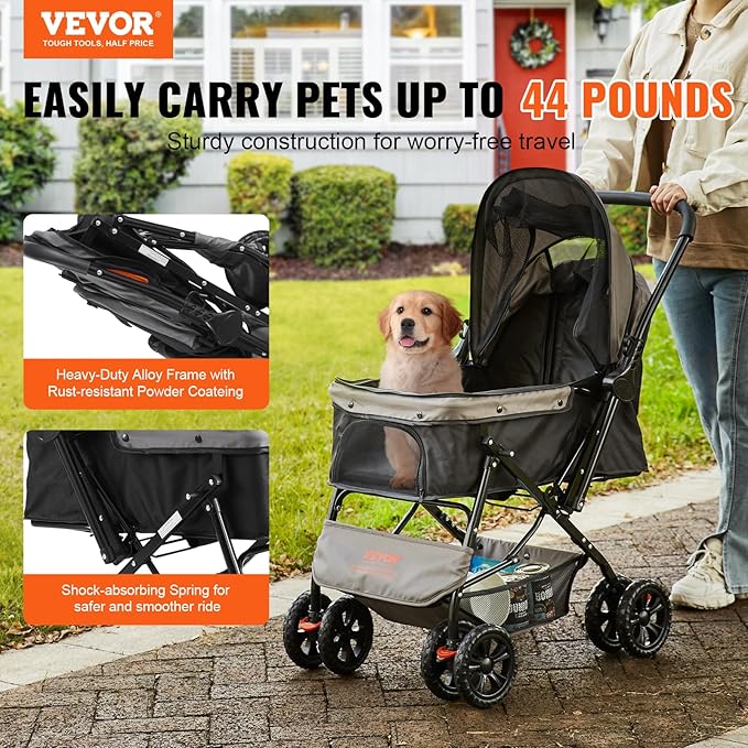 VEVOR Dog Cat Stroller for Medium Small Dogs Cats Up to 44lbs, 4 Wheel Foldable Pet Stroller with Reversible Handle, Portable Lightweigh Puppy Doggy Doggie Jogging Stroller with Storage Basket