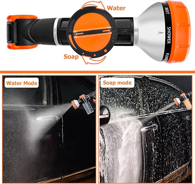 Upgrade Dog Washing Hose Attachment with Soap Dispenser, Dog Bath Hose Attachment with Pet Bath Brush Car Wash Mitt and Dog Comb for Watering Plants, Lawn, Showering Pet(Orange)