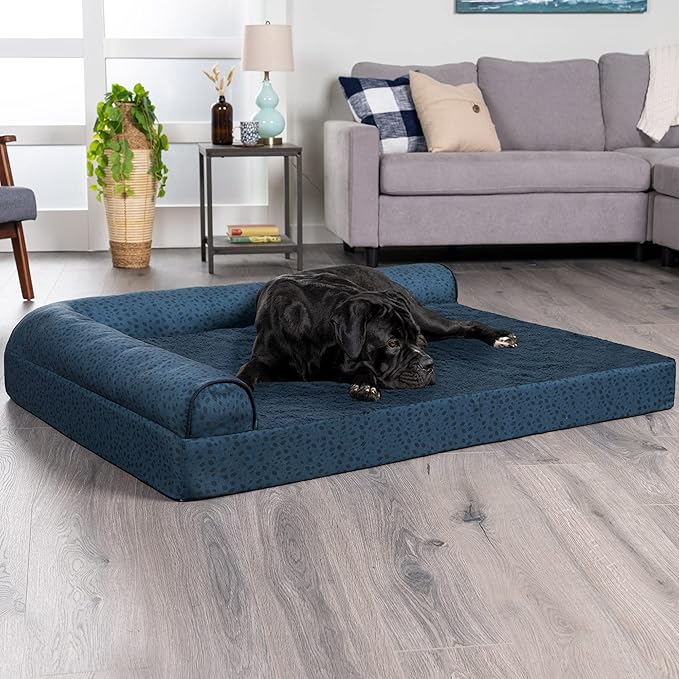 Furhaven Orthopedic Dog Bed for Large Dogs w/ Removable Bolsters & Washable Cover, For Dogs Up to 125 lbs - Plush & Almond Print L Shaped Chaise - Blue Almonds, Jumbo Plus/XXL
