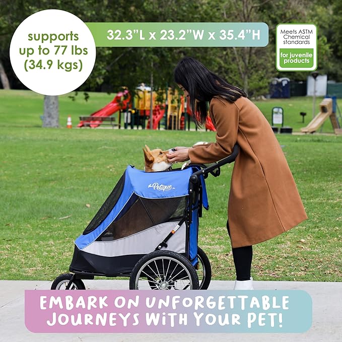 Petique Trailblazer Pet Jogger/Stroller, Bike Trailer, Shock Absorbing Bike Wheels, Large Entry Way, Peek-a-Boo Window, Small/Medium/Large Dogs, Cats and Pets, Supports up to 77LBS - Atlas (Blue)