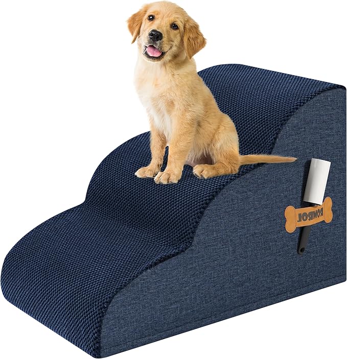 Romrol Dog Stairs Ramp for Beds Couches, Extra Wide Pet Steps with Durable Non-Slip Waterproof Fabric Cover, Pets Slope Stairs, 3-Tiers,Navy