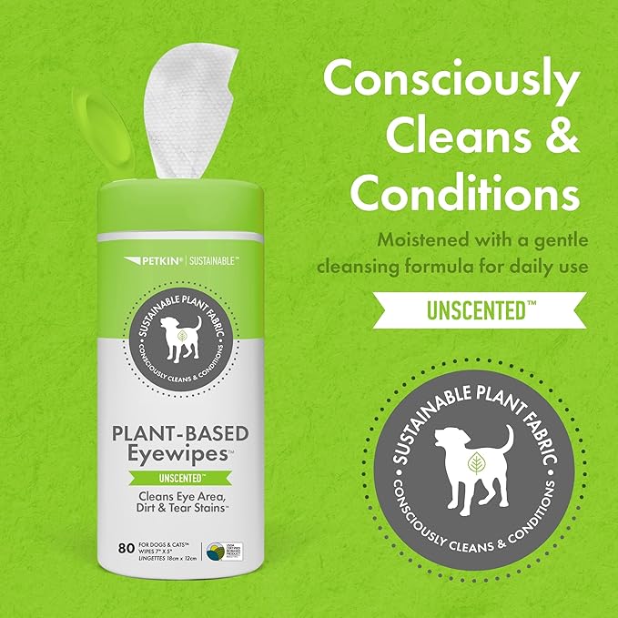 Petkin Plant-Based EyeWipes, 80 Wipes, 2 Pack - Biobased & Sustainable Pet Eye Wipes for Dogs & Cats - Cleans Eye Area, Dirt & Tear Stains - Consciously Cleans & Conditions - Easy to Use - Unscented