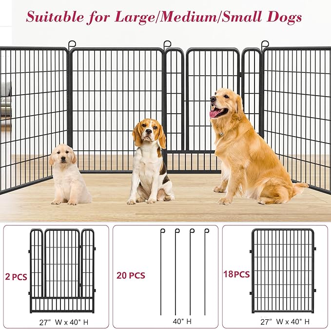 Dog Playpen 40 inch Dog Fence for Outdoor Indoor Use Heavy Duty Metal Dog Pen for Large Dogs, Rustproof Pet Playpen Portable Pet Fence Outdoor for Yard, RV Camping, Customizable, 20 Panels