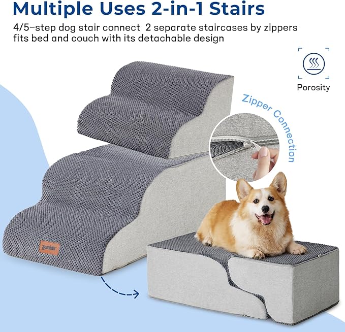 Dog Stairs for Bed - Pet Stairs for Small to Medium Dogs to Get on Bed and Couch, 35D Foam Dog Steps with Non-Slip Bottom Dog Ramp Grey, 4 Steps, 2-in-1 Connected by Zipper