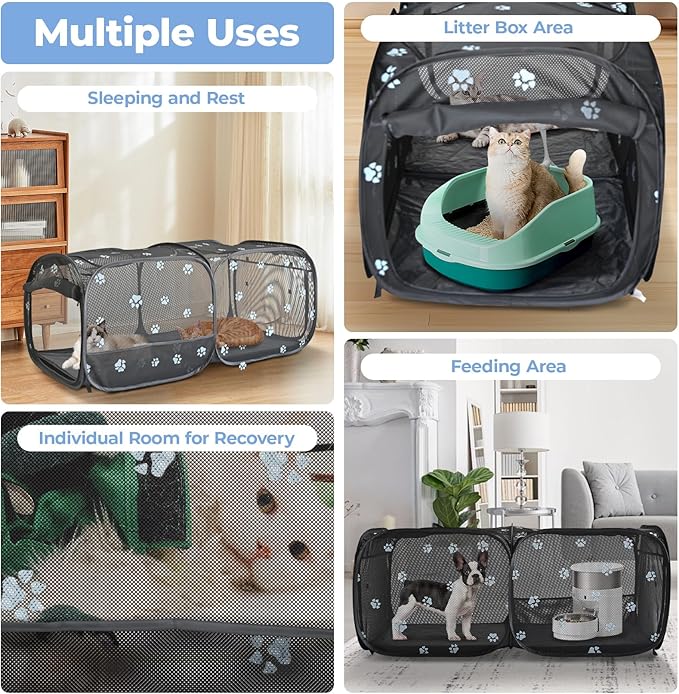 2-in-1 Dog Playpen 46.5''Pop Up Cat Pet Playpen, Assembly-Free Indoor Outdoor Kitten Enclosure, Breathable Cat Cage Portable Puppy Tent Crates Kennel for Small Animals(No Divider, Unified Space)