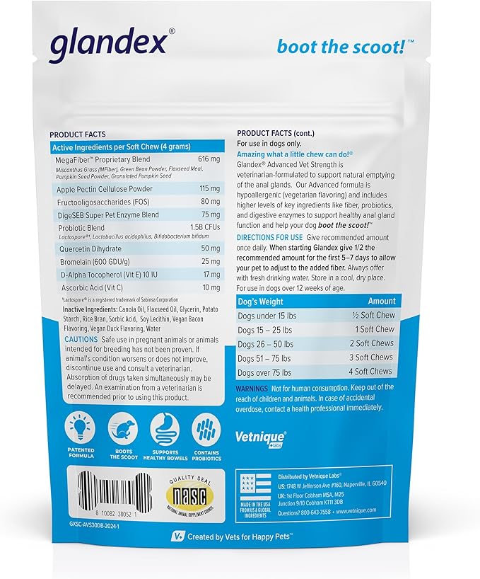 Glandex Anal Gland Soft Chew Treats with Pumpkin for Dogs Digestive Enzymes, Probiotics Fiber Supplement for Dogs Boot The Scoot (Advanced Strength Duck/Bacon Chews (Vegetarian), 30ct)