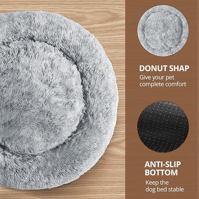 JOLLYVOGUE Small Dog Bed & Cat Bed, Anti-Anxiety Calming Dog Bed for Small Dogs, Donut Warming Cozy Soft Round Pet Bed, Fluffy Faux Fur Cushion Bed for Small Medium Dogs(20")