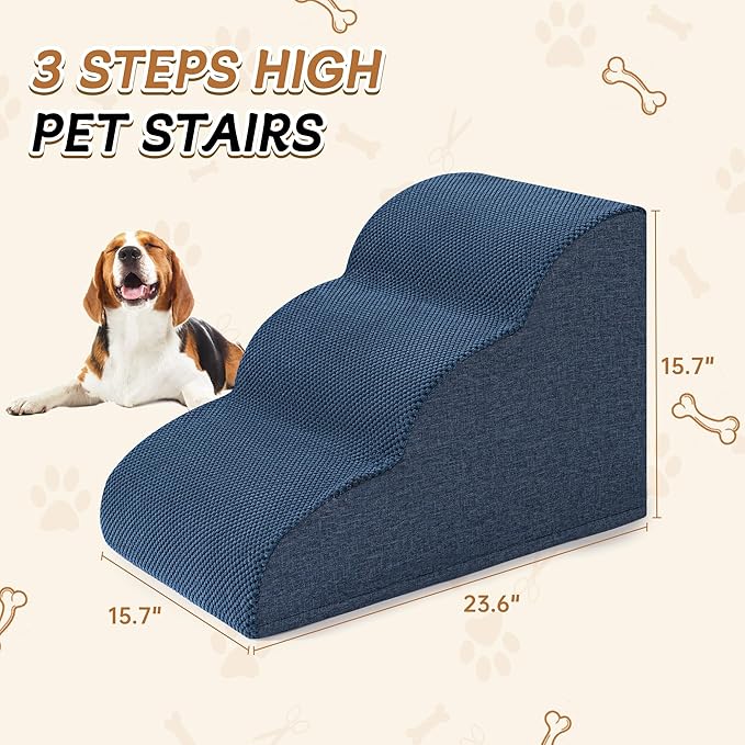 Romrol Dog Stairs Ramp for Beds Couches, Extra Wide Pet Steps with Durable Non-Slip Waterproof Fabric Cover, Pets Slope Stairs, 3-Tiers,Dusty Blue