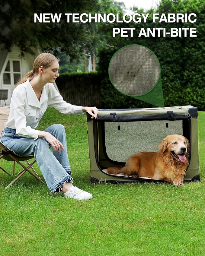 24 Inch Collapsible Travel Dog Crate for Medium Large Dogs, Portable Dog Crate 4-Door Foldable Soft Kennel with Chew-Proof Mesh Windows for Indoor & Outdoor Travel,with Storage Bag,Green