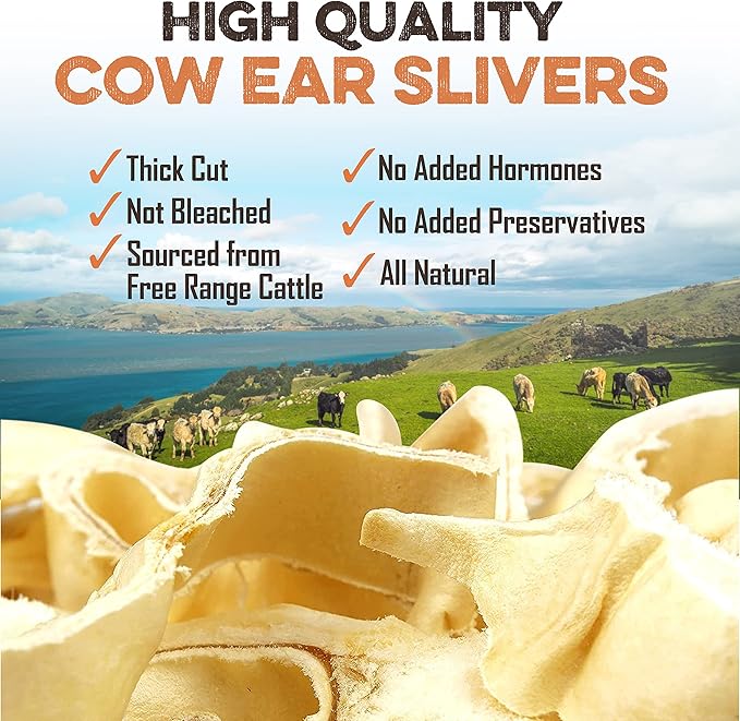 BRUTUS & BARNABY Cow Ears for Dogs; Ear Slivers are Great for Puppy Teething, Single Ingredient Beef Ear Slivers for Small to Medium Size Dogs (250grams)