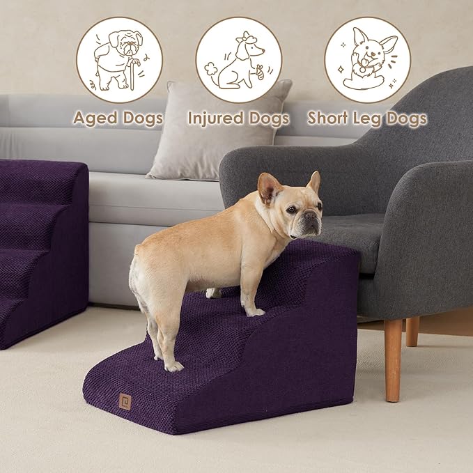 EHEYCIGA Curved Dog Stairs Ramp for Small Dogs 15.7" H, 3-Step Dog Steps for Couch Sofa and Chair, Pet Stairs for Cats, Non-Slip Balanced Pet Steps Indoor, Purple