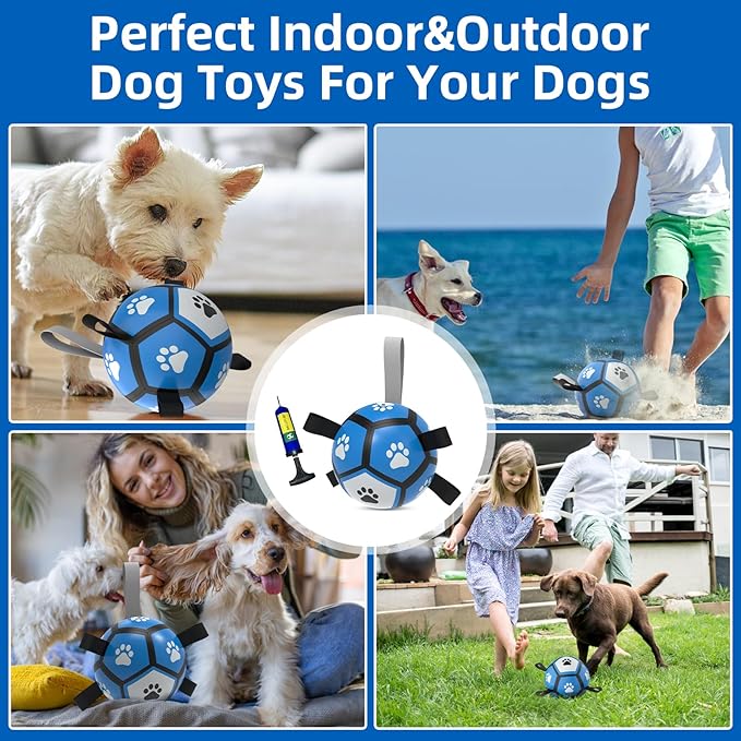 QDAN Dog Toys Soccer Ball - Durable Dog Balls for Small Dogs, Puppy Birthday Gifts, Dog Tug Toy with Strap for Tug of War (5 Inch)