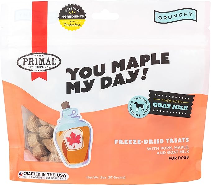 Primal Freeze Dried Dog Treats; Pork & Maple Dog Treats with Goat Milk for Dogs, You Maple My Day, Grain Free Training Treats for Dogs with Probiotics, 2 oz