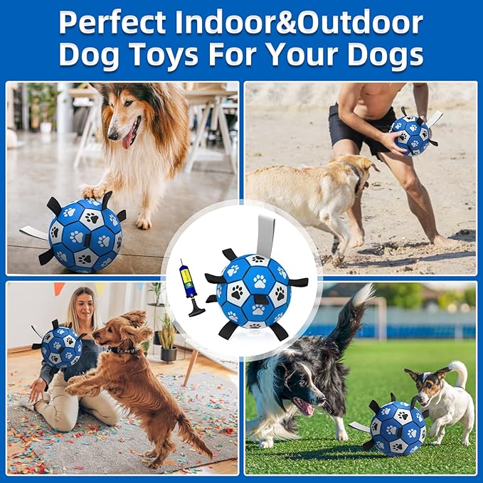 QDAN Dog Ropes Toys Soccer Ball with Straps, Interactive Dog Toys for Tug of War, Puppy Birthday Gifts, Dog Tug Toy, Dog Water Toy, Durable Dog Balls for Medium & Large Dogs-Blue&Grey(8 Inch)