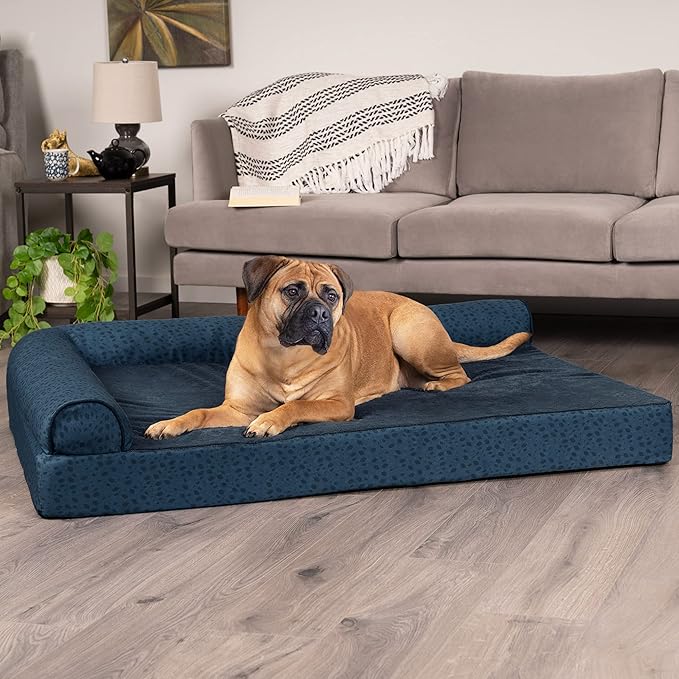Furhaven Memory Foam Dog Bed for Large Dogs w/ Removable Bolsters & Washable Cover, For Dogs Up to 125 lbs - Plush & Almond Print L Shaped Chaise - Blue Almonds, Jumbo Plus/XXL