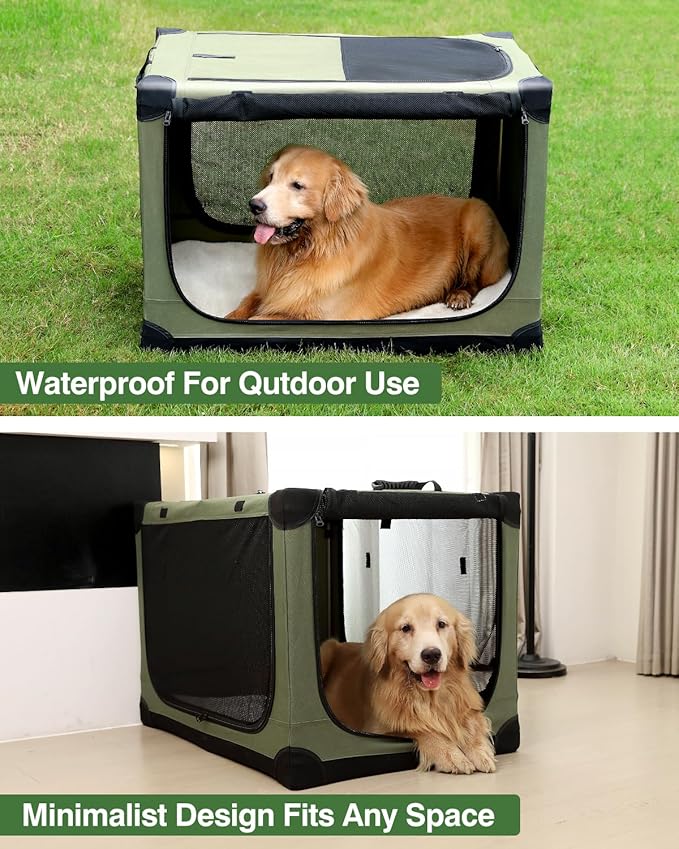24 Inch Collapsible Travel Dog Crate for Medium Large Dogs, Portable Dog Crate 4-Door Foldable Soft Kennel with Chew-Proof Mesh Windows for Indoor & Outdoor Travel,with Storage Bag,Green