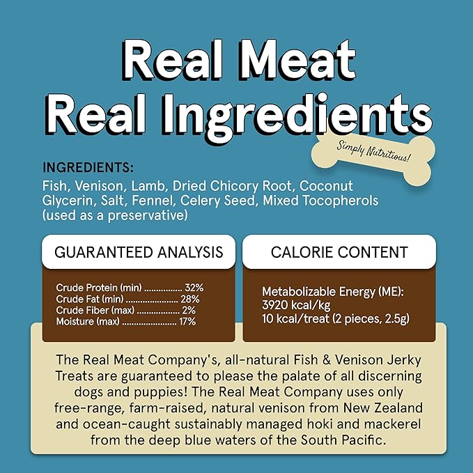 Real Meat Dog Treats - 12oz Bag of Bite-Sized Air-Dried Fish & Venison Jerky for Dogs - Grain-Free Jerky Dog Treats Made up of 95% All-Natural, Human-Grade, Free-Range Venison & Ocean-Caught Fish
