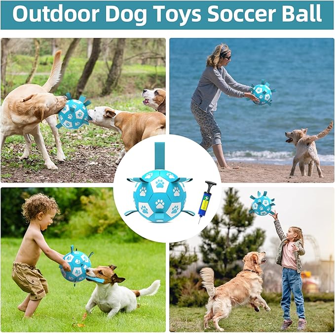 QDAN Dog Toys Soccer Ball with Straps - Durable Dog Balls for Large Dogs, Beach Pool Dog Water Toy, Dog Tug Toys for Tug of War, Puppy Dog Birthday Gifts (8 Inch)
