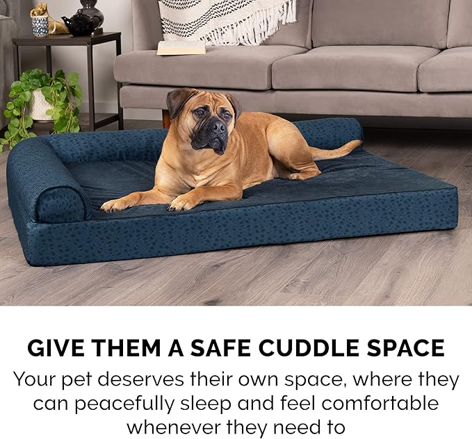 Furhaven Memory Foam Dog Bed for Large Dogs w/ Removable Bolsters & Washable Cover, For Dogs Up to 125 lbs - Plush & Almond Print L Shaped Chaise - Blue Almonds, Jumbo Plus/XXL