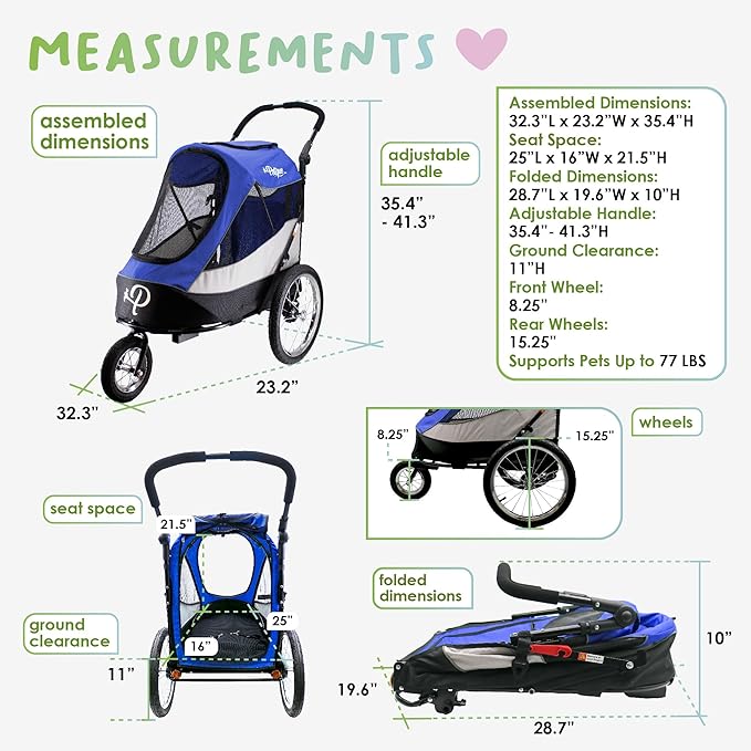 Petique Trailblazer Pet Jogger/Stroller, Bike Trailer, Shock Absorbing Bike Wheels, Large Entry Way, Peek-a-Boo Window, Small/Medium/Large Dogs, Cats and Pets, Supports up to 77LBS - Atlas (Blue)