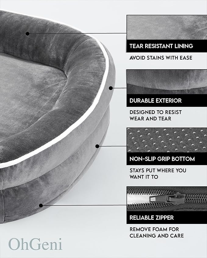 OhGeni Orthopedic Dog Bed for Jumbo Dogs, Dog Couch Design with Egg Foam Support, Removable, Washable Plush Cover and Non-Slip Bottom with Four Sided Bolster Cushion (Gray)