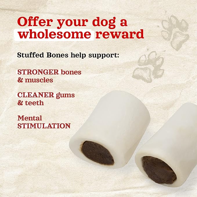 Natural Farm Bacon & Cheese Filled Bones (3-4 Inch, 6 Pack), Limited Ingredient, Natural Stuffed Dental Dog Bone Treats for Dogs, Made with Real Beef