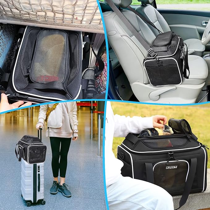 Petskd Top-Expandable Pet Carrier 17x12x8.5 Inches JetBlue Frontier Spirit Airline Approved, Soft-Sided Carrier for Small Cats and Dogs with Locking Safety Zippers and Anti-Scratch Mesh(Black)