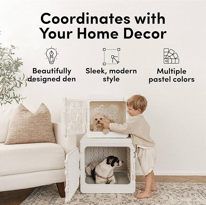 KindTail PAWD Collapsible Puppy and Dog Crate + Washable Bed - Stylish Pet Kennel with Comfortable Pad - Safe Indoor Set - Lightweight, Compact & Portable for Travel - Medium White