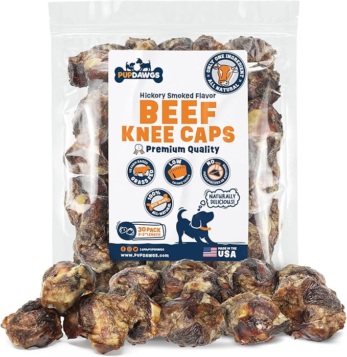 Single Ingredient Dog Bone Made in USA - Beef Knee Caps - 100% Natural Dog Bones for Aggressive Chewers - from USDA Inspected Beef - Hickory Smoked - Individually Wrapped (30 Piece Pack)