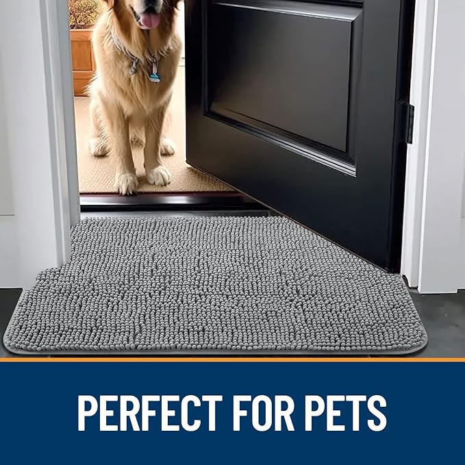 OLANLY Dog Door Mat for Muddy Paws 24x16, Absorbs Moisture and Dirt, Absorbent Non-Slip Washable Mat, Quick Dry Chenille, Mud Mat for Dogs, Entry Indoor Door Mat for Inside Floor, Grey
