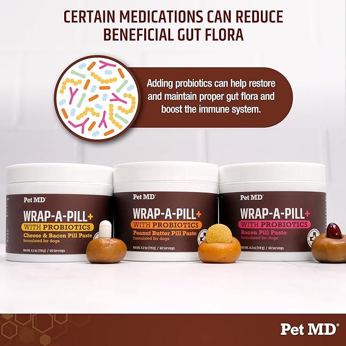Pet MD Wrap-A-Pill with Dog Probiotics - Pill Wrap for Dogs Medicine - Easy-to-Use Paste to Hide Capsules, Create Pockets and Pill Treats for Dogs - Cheese & Bacon (4.2oz)