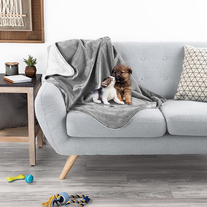 PETMAKER Waterproof Pet Blanket - 30x40-Inch Reversible Sherpa Fleece Throw Protects Couches, Cars, and Beds from Spills, Stains, and Fur (Gray)