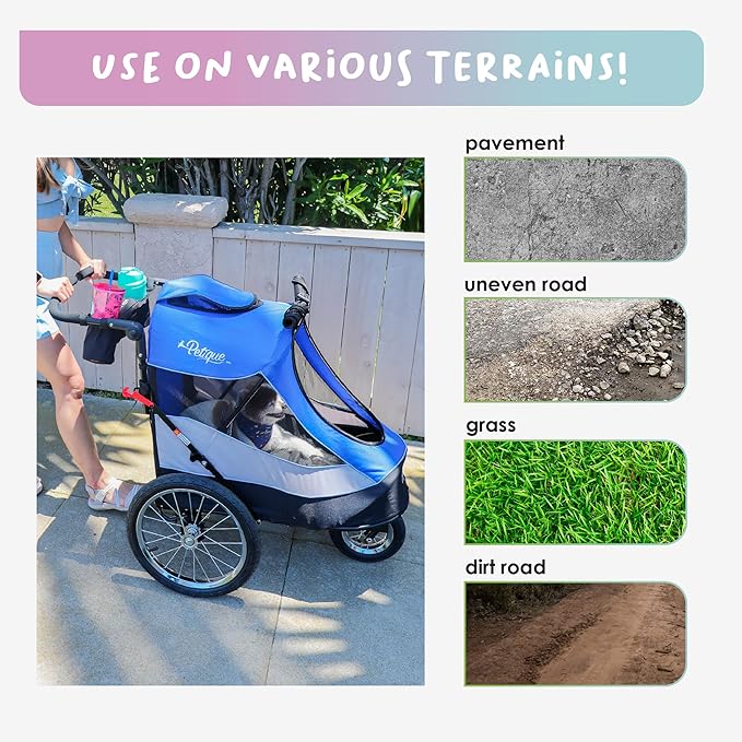 Petique Trailblazer Pet Jogger/Stroller, Bike Trailer, Shock Absorbing Bike Wheels, Large Entry Way, Peek-a-Boo Window, Small/Medium/Large Dogs, Cats and Pets, Supports up to 77LBS - Atlas (Blue)