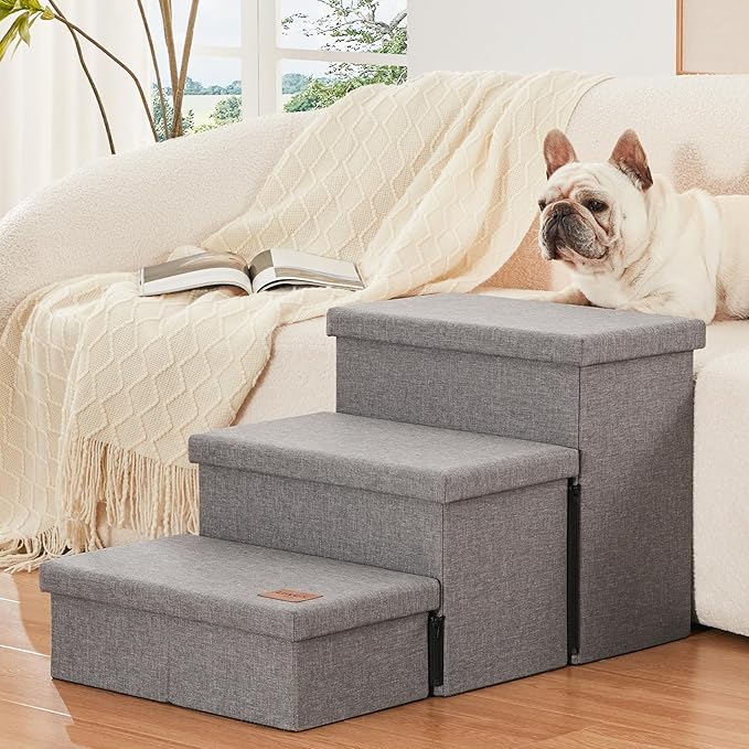 Love's cabin Dog Stairs for High Bed 18"H,Foldable Pet Stairs for Small Medium or Large Dogs Puppy with Storage for Bed or Couch, Cat Dog Steps Ramp with Zip up to 210 lbs(Solid Grey,3 Steps no Condo)