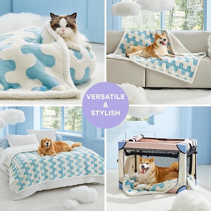 Lesure Waterproof Puppy Blanket for Small Dogs - Washable Double Sided Dog Blankets with Warm Jacquard Shag and Soft Sherpa Fleece, Pet Cat Blanket for Couch Protection, 3D Textured Wave, Blue
