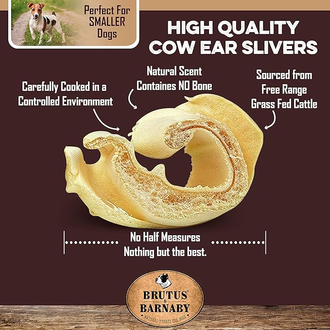 BRUTUS & BARNABY Cow Ears for Dogs; Ear Slivers are Great for Puppy Teething, Single Ingredient Beef Ear Slivers for Small to Medium Size Dogs (250grams)