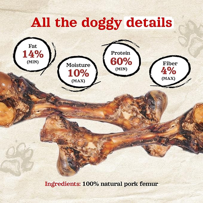 Natural Farm Smoked Pork Femur (4 Pack), 100% Natural Ham Bones for Dogs, High in Minerals & Vitamins, Mental Stimulation, Grain-Free Long-Lasting Bones for Large and Medium Dogs